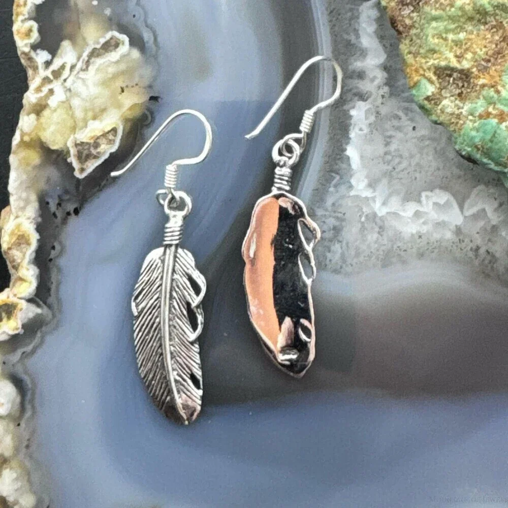 Sterling Silver Southwestern Style Feather Dangle Earrings For Women